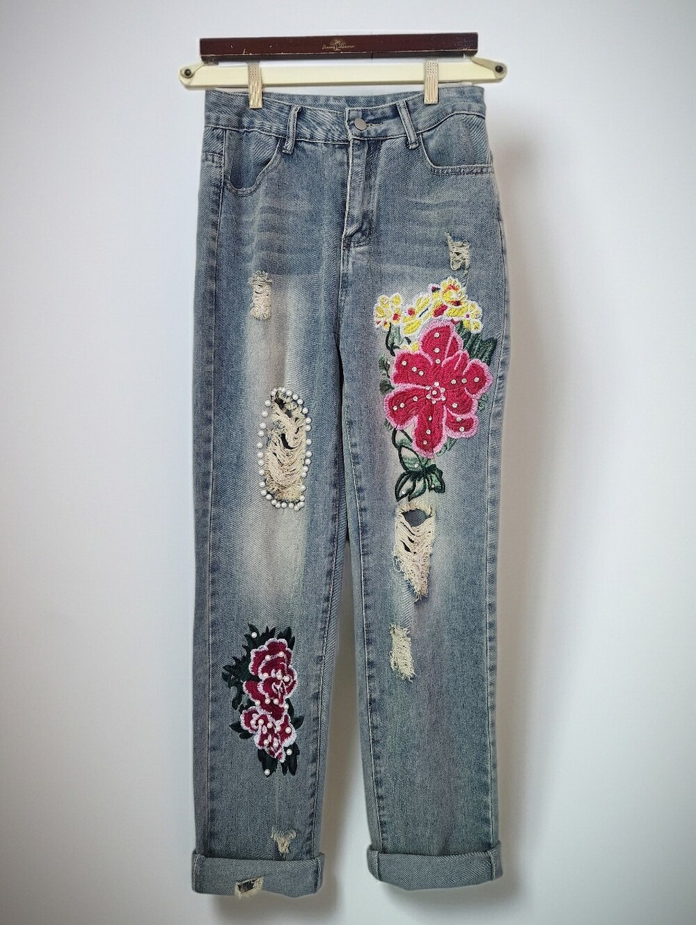 Embroidered Straight Leg Jeans with Floral Appliqué - Pink Floral
